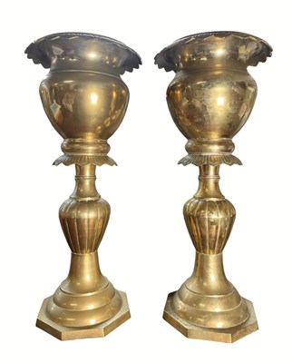Lot 66 - PAIR OF VINTAGE BRASS WORKED PLANTERS OR PLANT STANDS
