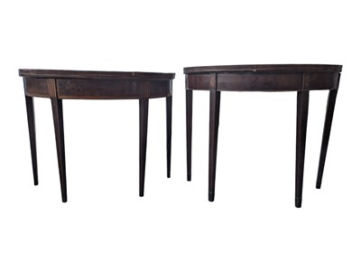 Lot 861 - TWO GEORGE III MAHOGANY INLAID DEMI LUNE CARD / CONSOLE TABLES