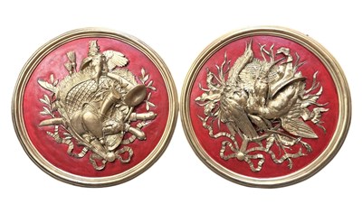 Lot 644 - LARGE PAIR OF FRENCH INSPIRED GILT & RED RESIN RELIEF HUNTING WALL PLAQUES