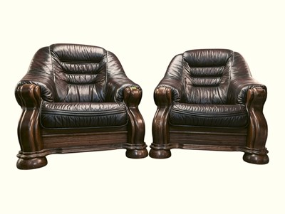 Lot 606 - KLER FURNITURE, POLISH - PAIR OF CONTEMPORARY OAK & LEATHER ARMCHAIRS