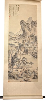 Lot 196 - SHI XI - INK AND COLOUR ON PAPER HANGING SCROLL 石溪 - 山水
