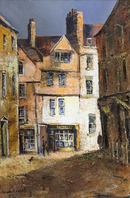 Lot 302 - KENNETH WEBB (B. 1927) - OLD HOUSES NEAR SULLY LUNN, BATH - OIL ON CANVAS