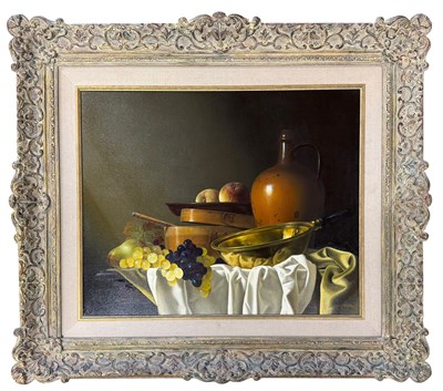Lot 286 - JEAN GRIMAL (1942-1988) - STILL LIFE OIL ON CANVAS WITH FRUIT, FLAGON & WARMING PAN