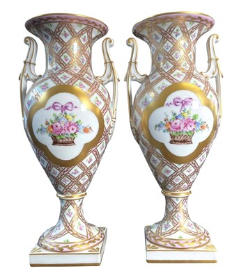 Lot 128 - PAIR OF DRESDEN EARLY 20TH CENTURY HAND PAINTED PORCELAIN MANTEL URN VASES