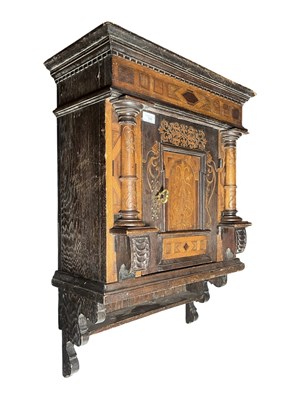 Lot 656 - GERMAN EARLY 19TH CENTURY OAK & INLAID WALL HANGING SPECIMENT CUPBOARD