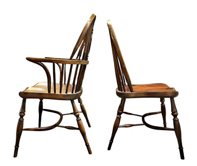 Lot 697 - EIGHT ELM & BEECH GEORGE III STYLE WINDSOR DINING CHAIRS