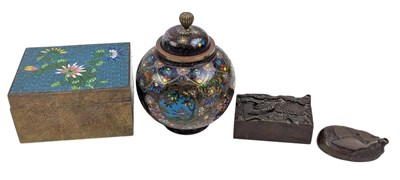 Lot 198 - TWO EARLY 20TH CENTURY CLOISONNE PIECES & TWO JAPANESE BRONZE WATER DROPPERS
