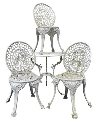 Lot 645 - EARLY 20TH CENTURY WHITE PAINTED METAL GARDEN SET OF TABLE & THREE CHAIRS