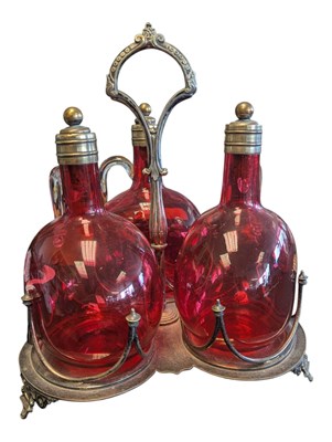 Lot 25 - 19TH CENTURY VICTORIAN CRANBERRY GLASS DECANTER SET