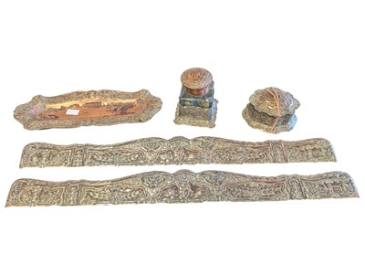 Lot 265 - LATE 19TH / EARLY 20TH CENTURY EMBOSSED DECORATIVE PANELS, TRINKET POT, INKWELL, & TRAY