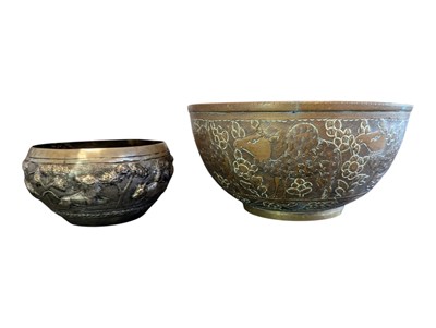 Lot 264 - TWO LATE 19TH CENTURY INDIAN BRASS & SILVERED METAL ANIMAL ENGRAVED POTS / BOWLS