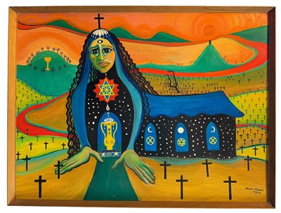 Lot 228 - BEVERLY SKINNER (AMERICAN 1938) - 20TH CENTURY 1970S OIL ON BOARD PAINTING