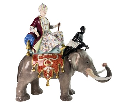 Lot 28 - MEISSEN LATE 19TH CENTURY PORCELAIN GROUP FIGURE OF SULTAN RIDING AN ELEPHANT