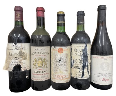 Lot 180 - FIVE VINTAGE ITALIAN & FRENCH RED WINE BOTTLES, TO INCLUDE RECIOTO, GRAND-PUY DUCASSE & MORE