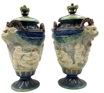 Lot 159 - PAIR OF LATE 19TH CENTURY HAND PAINTED CERAMIC MAJOLICA GROTESQUE URNS