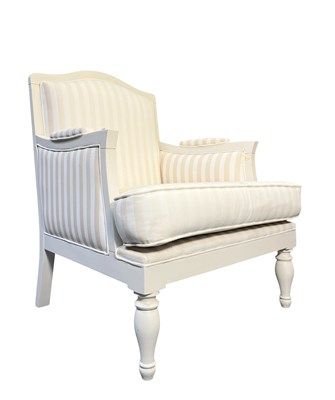 Lot 516 - CONTEMPORARY DESIGN UPHOLSTERED & WHITE PAINTED BERGERE STYLE ARMCHAIR