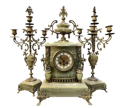 Lot 686 - JAPY FRERES, PARIS - FRENCH 19TH CENTURY GREEN ONYX & ORMOLU GARNITURE CLOCK