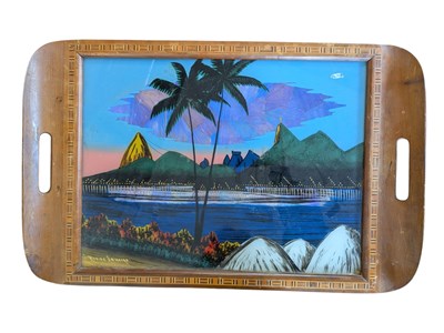 Lot 256 - MID CENTURY RIO DE JANEIRO WOODEN SERVING TRAY W/ BUTTERFLY WING DECORATION