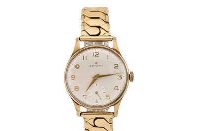 Lot 559 - 9CT GOLD CASED ZENITH WRISTWATCH ON PLATED EXPANDING STRAP