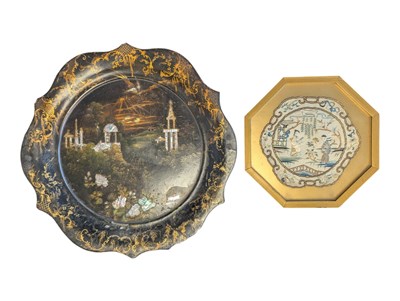 Lot 287 - 19TH CENTURY PAPIER MACHE ABALONE INLAID TRAY W/ FRAMED CHINESE EMBROIDERY