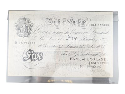 Lot 256 - 1955 LONDON L K O'BRIEN WHITE FIVE POUNDS NOTE