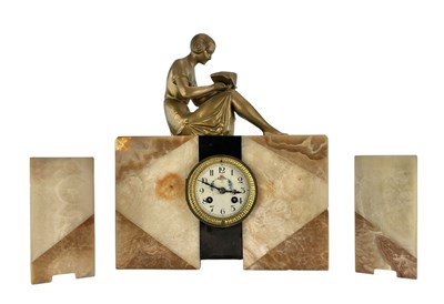 Lot 371 - ART DECO FRENCH F. MARTI EARLY 20TH CENTURY MARBLE & ONYX FIGURAL GARNITURE CLOCK