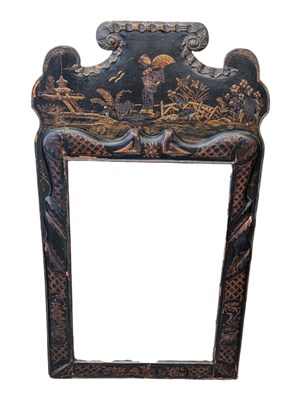 Lot 743 - 19TH CENTURY BLACK LACQUERED CHINOISERIE WALL HANGING MIRROR