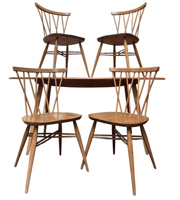 Lot 300 - ERCOL FURNITURE - MODEL 376 & 382 - CANDLESTICK CHAIRS & REFECTORY PLANK DINING TABLE