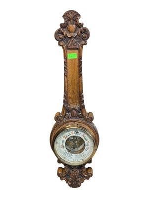 Lot 813 - LATE 19TH CENTURY ANEROID OAK BANJO WALL BAROMETER