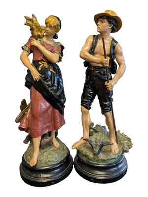 Lot 298 - TWO EARLY 20TH CENTURY LARGE SPELTER FIGURES OF A FARMER MAN & WOMAN