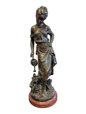 Lot 299 - AFTER AUG MOREAU - LATE 19TH CENTURY PREMIERES FLEURS BRONZED SPELTER FIGURE ON STAND