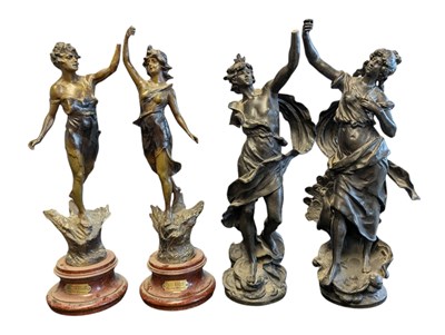 Lot 301 - AFTER MOREAU - FOUR LATE 19TH / EARLY 20TH CENTURY BRONZED SPELTER FIGURES
