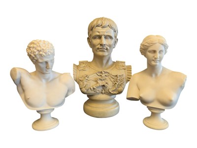 Lot 306 - TWO LATE 20TH CENTURY ALABASTER CLASSICAL BUSTS & A RESIN EXAMPLE