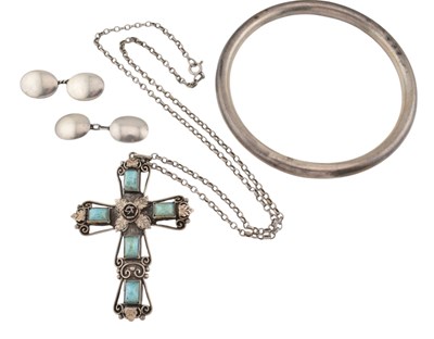 Lot 520 - HALLMARKED SILVER BANGLE, CUFFLINKS & 800 SILVER CROSS PENDANT NECKLACE