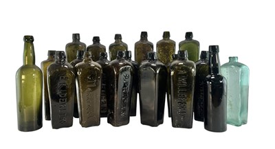 Lot 339 - APPROX. 21 19TH CENTURY & LATER OLIVE GREEN GLASS SQUARED-SIDED GIN BOTTLES