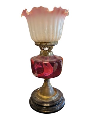 Lot 331 - 19TH CENTURY VICTORIAN OIL LAMP W/ PINK SHADE & RESERVOIR