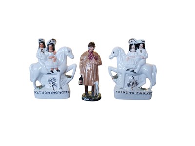 Lot 77 - TWO 19TH CENTURY STAFFORDSHIRE FLATBACK FIGURES & ROYAL DOULTON EXAMPLE