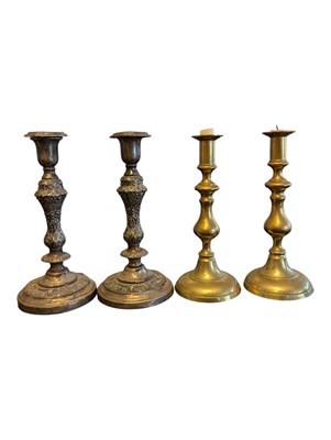 Lot 335 - TWO PAIRS OF LATE 19TH / EARLY 20TH CENTURY CANDLESTICKS