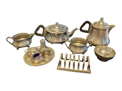 Lot 337 - ARTS & CRAFTS PLANISHED PEWTER ROUNDHEAD TEA SET