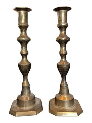 Lot 341 - PAIR GEORGE III BRASS CANDLESTICKS