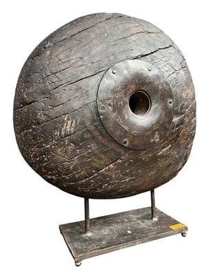 Lot 524 - HEAVY WOODEN & METAL BOUND WELL WEIGHT FROM THE GREAT THAR DESERT