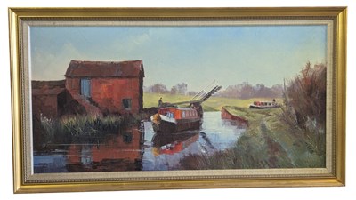 Lot 678 - ANTONY WARREN (BRITISH, 20TH CENTURY) - OIL ON CANVAS LANDSCAPE PAINTING OF LOCK