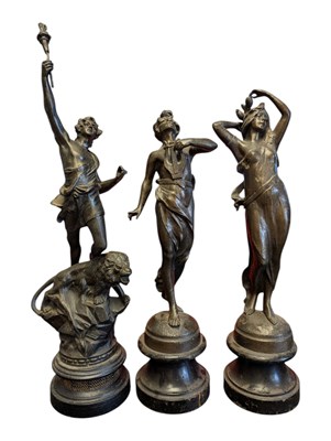 Lot 354 - THREE EARLY 20TH CENTURY CLASSICAL SPELTER FIGURES ON PLINTH BASES