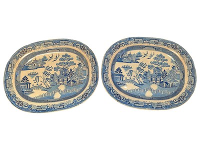 Lot 106 - TWO 19TH CENTURY STAFFORDSHIRE IRONSTONE CHINA OLD WILLOW MEAT PLATTERS