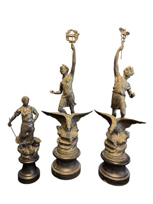 Lot 199 - THREE 20TH CENTURY VINTAGE METAL CLASSICAL FIGURES ON PLINTH BASES