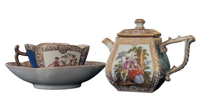 Lot 111 - 19TH CENTURY DRESDEN TEACUP & SAUCER & 19TH CENTURY TEAPOT