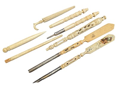 Lot 462 - COLLECTION OF LATE 19TH / EARLY 20TH CENTURY STANHOPE BONE PENS, LETTER OPENERS & SEWING ITEMS