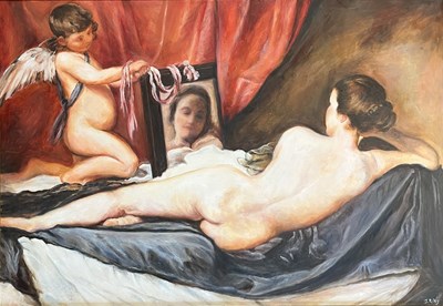 Lot 14 - JANE RILEY (B. 1948) AFTER VELÁZQUEZ - THE TOILET OF VENUS - OIL ON BOARD