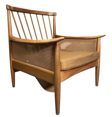 Lot 400 - GREAVES & THOMAS - MID CENTURY TEAK & RATTAN FRAMED EASY LOUNGE ARMCHAIR