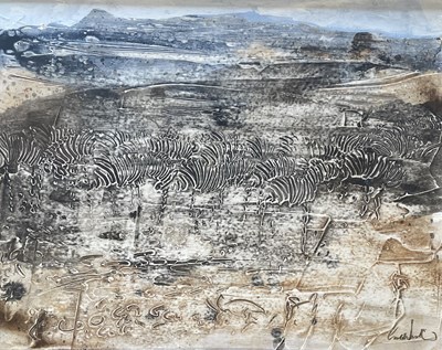 Lot 70 - GORDON FRANK VORSTER (1924-1988) - UNTITLED ZEBRAS - MIXED MEDIA ON BOARD